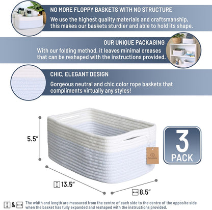 NaturalCozy 13.5”x8.5”x5.5” Rectangle Storage Baskets for Shelves 3 Pack | Cotton Rope Woven Small