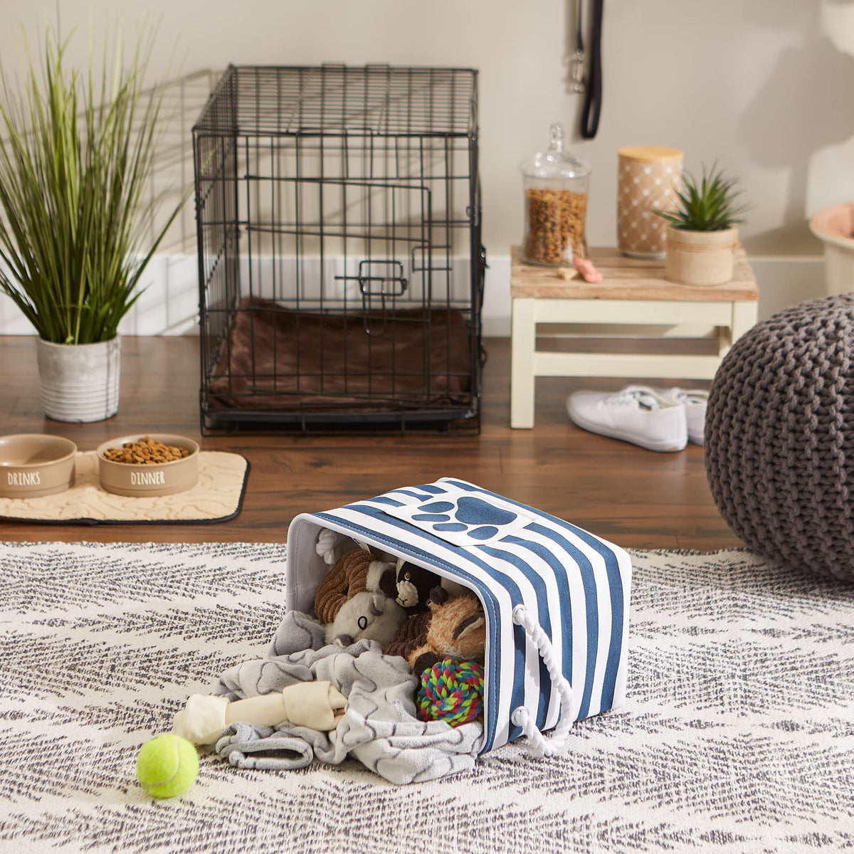 Bone Dry Pet Storage Collection Striped Paw Patch Bin, Small Rectangle, Navy