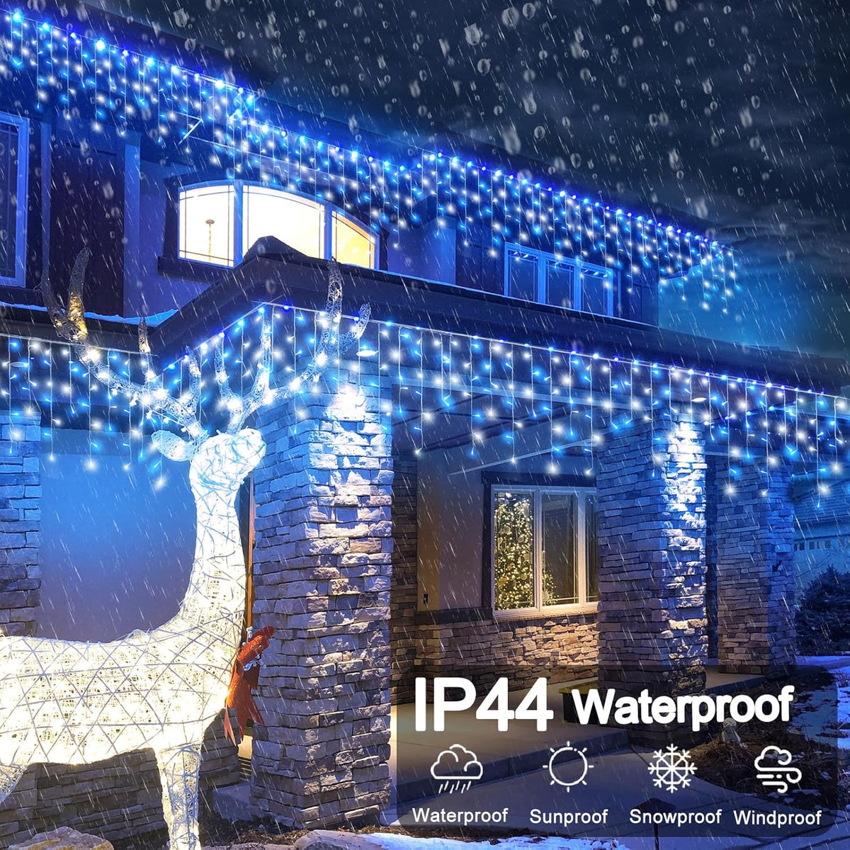 33ft Blue and White Christmas Lights, 400 LED Icicle Lights for Outside, Clear Wire Connectable