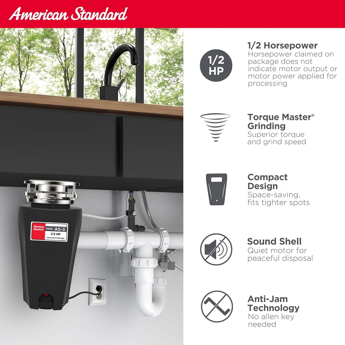 American Standard 10-US-AS-5 Garbage Disposal Anti-Jam Stainless Steel Food Waste Grinding System