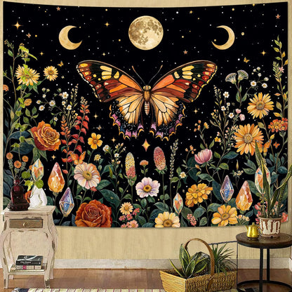 Lunerfex Boho Butterfly Tapestry Flower Moon Wall Tapestry, Moon Phases Tapestries for Bedroom Cute