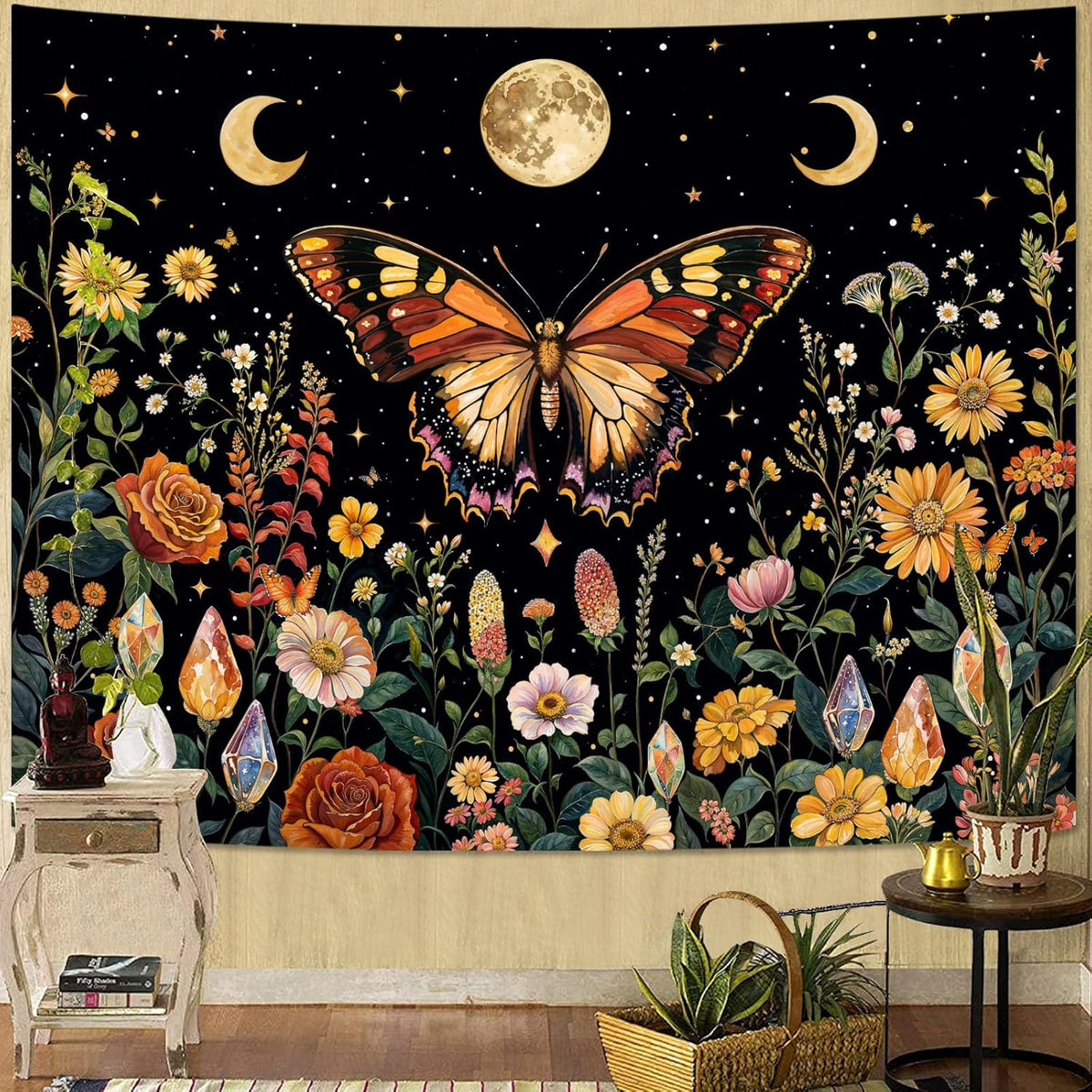 Lunerfex Boho Butterfly Tapestry Flower Moon Wall Tapestry, Moon Phases Tapestries for Bedroom Cute