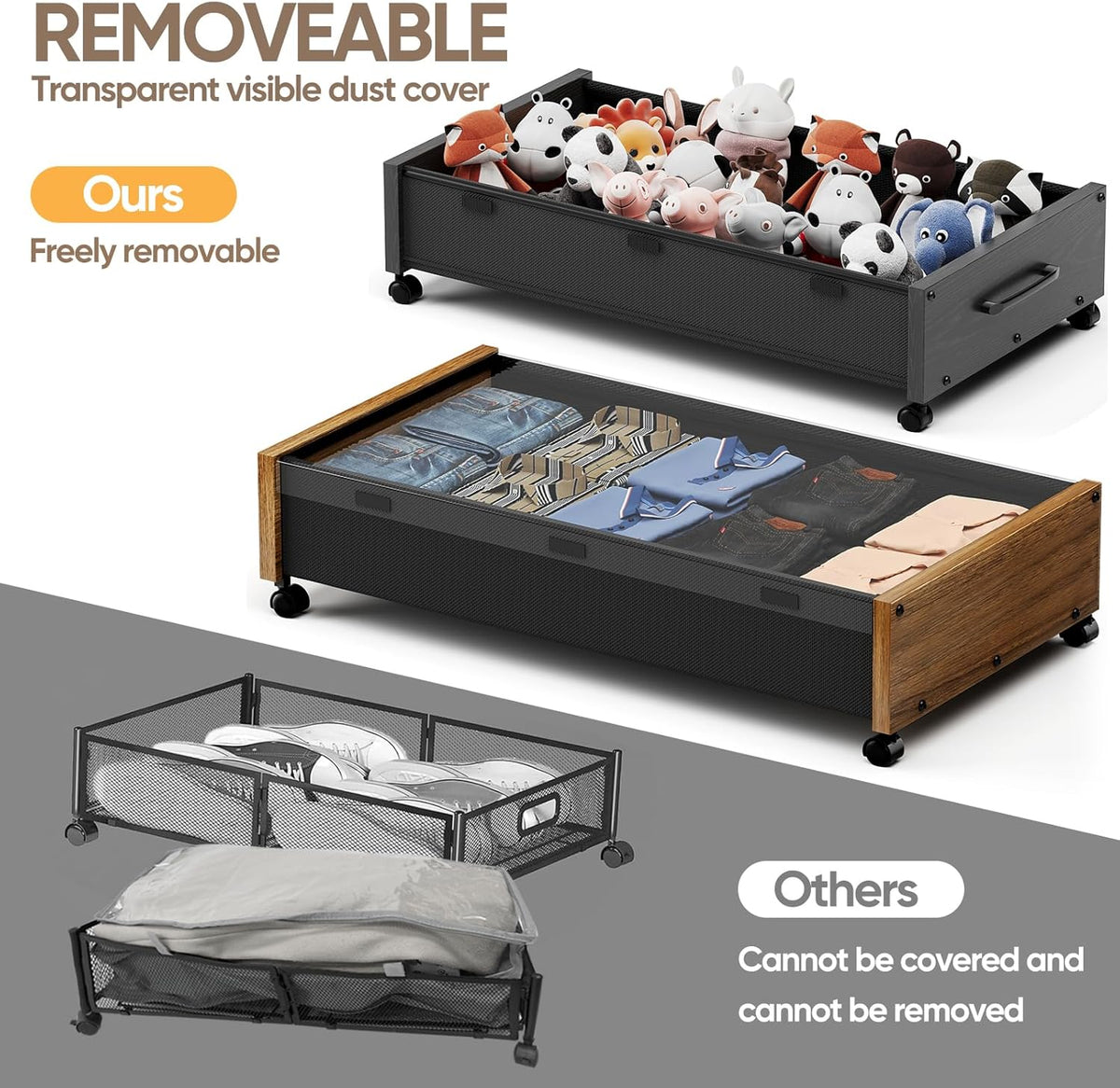 Wooden Under Bed Storage with Wheels, Rolling Under the Bed Storage Bins with Removable Lid, Metal