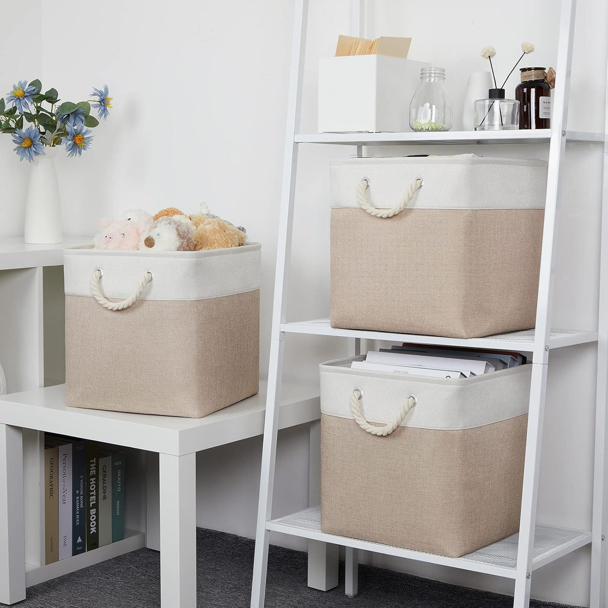 Bidtakay Fabric Storage Baskets for Organizing Beige 13 Inch Collapsible Square Baskets 3 Pack