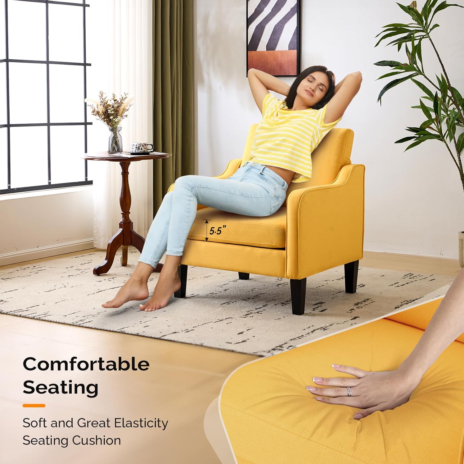 VINGLI Accent Chair for Living Room Chairs Yellow Reading Chair for Bedroom Scooped Arm Chair Mid