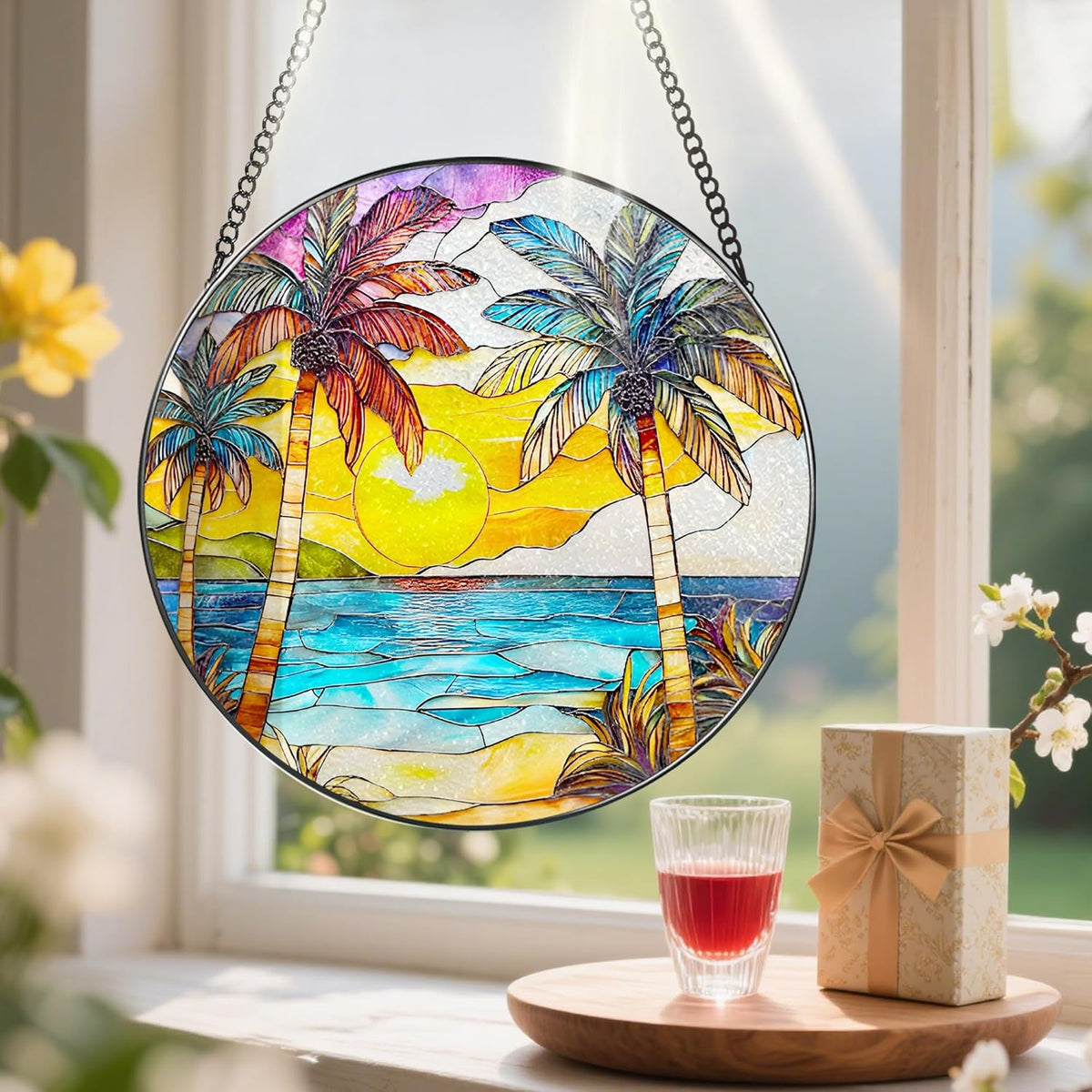 Stained Glass Window Hanging, 8 Inch Beach Sunset Stained Glass Suncatcher, Window Hanging Decor