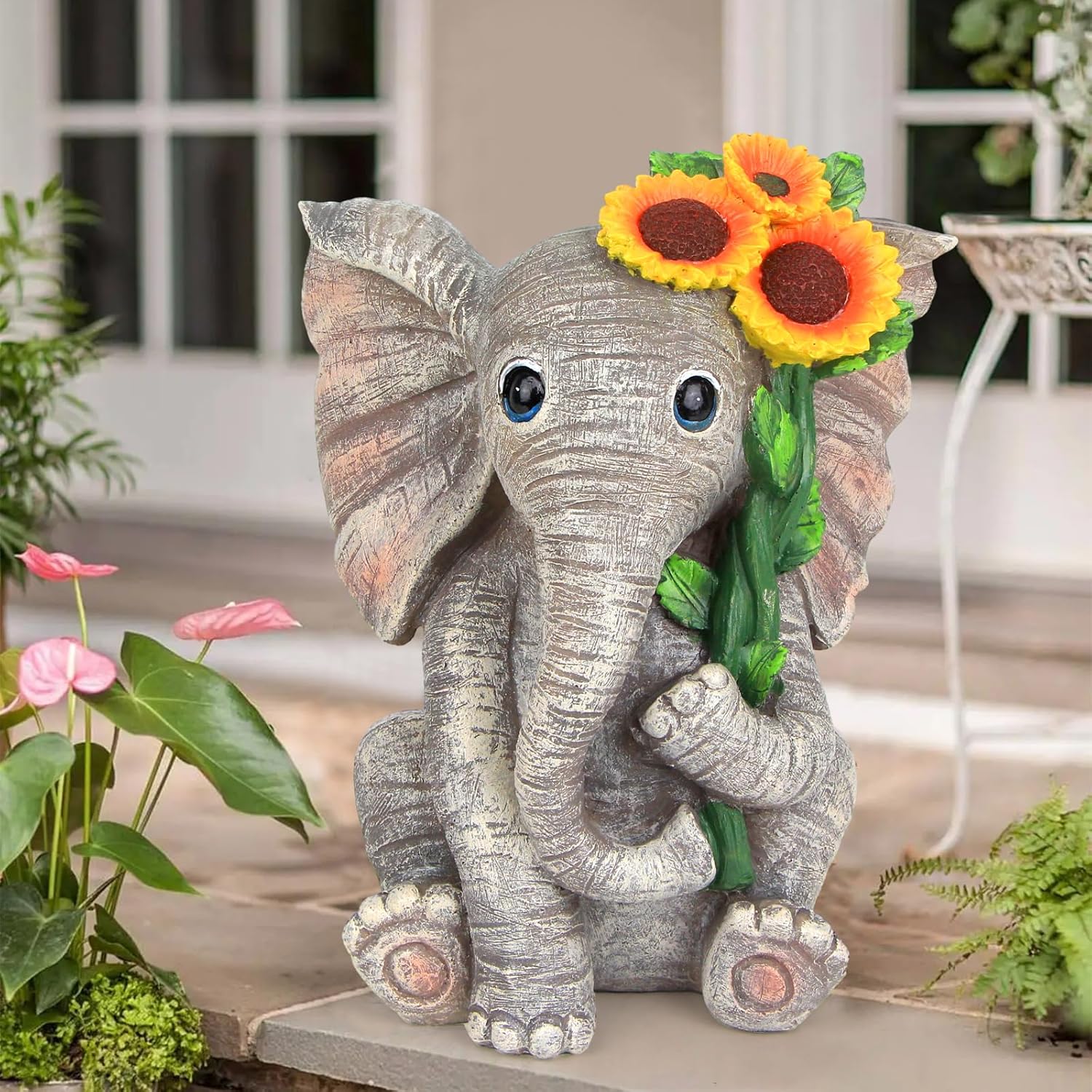 Outdoor Sculpture Figurine Statue Elephant Decor,Solar Garden Statues for Patio Home Yard