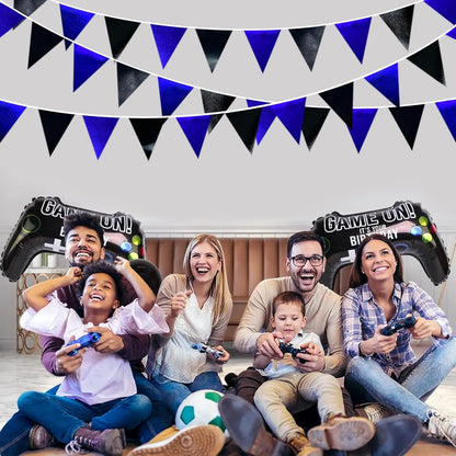 Royal Blue Black Party Decorations Navy Black Metallic Fabric Triangle Pennant Banner Flag Bunting