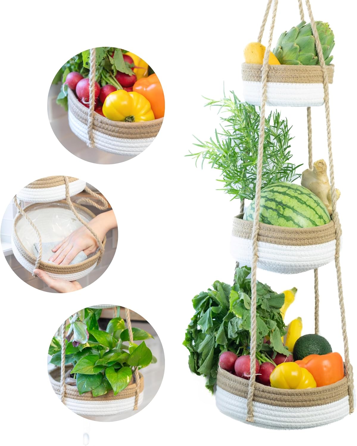 CEDAR+PINE 3-Tier Lined Hanging Fruit Basket Natural Woven Cotton with Strong Jute Rope Hanger in