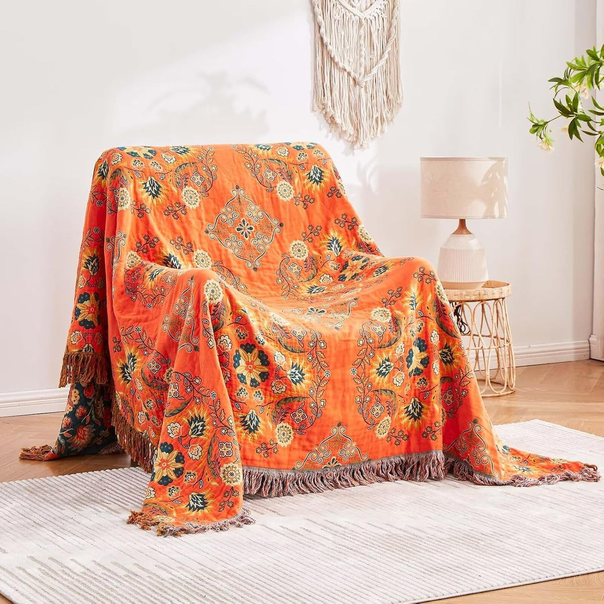 Boho Throw Blanket, 100% Cotton Ultra Soft Luxury Throw Rustic Quilt, 90"x98" Floral Printed