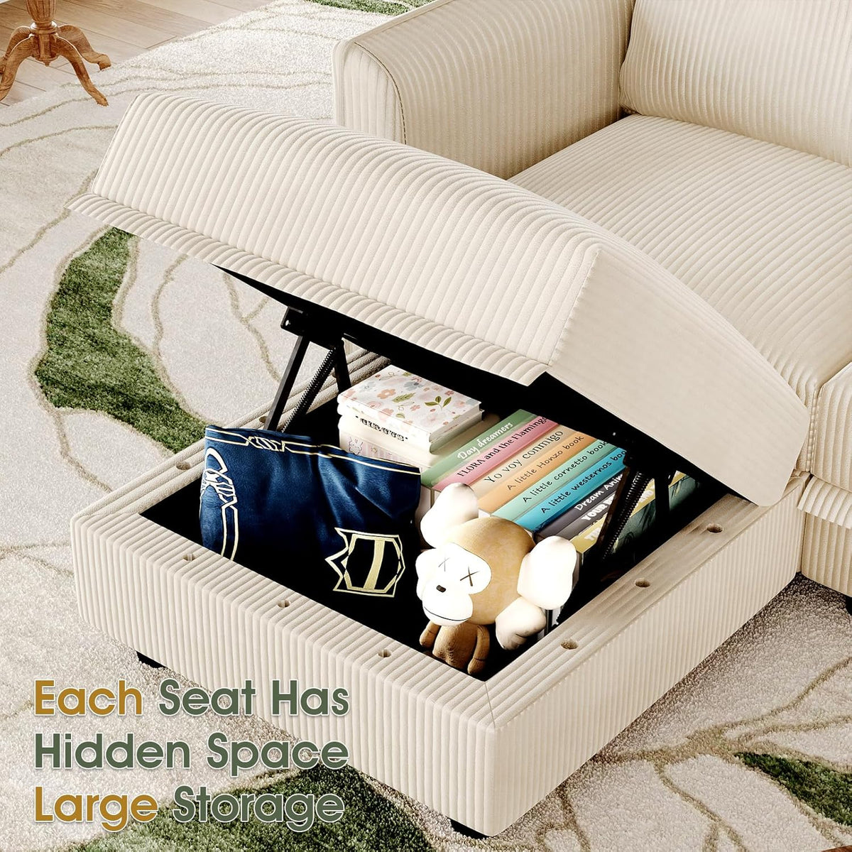 LLappuil Modular Sectional Sofa with Storage Seats, Corduroy U Shaped Convertible Couch for Living