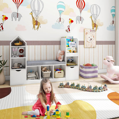 Vabches Kids Bookcase and Bookshelf with Reading Nook, Multifunctional Bookcase with 7 Storage