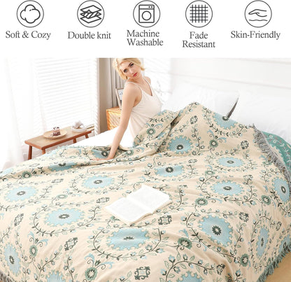 Snycler Boho Throw Blanket for Bed - 100% Cotton Ultra Soft Rustic Quilt - Blue Boho Floral Printed