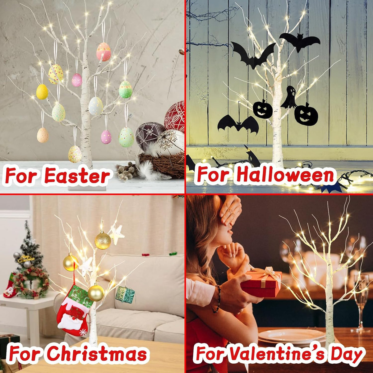 Christmas Decorations Indoor,2 Pack 2 FT White Lighted Birch Tree with Led Lights,Christmas Tree