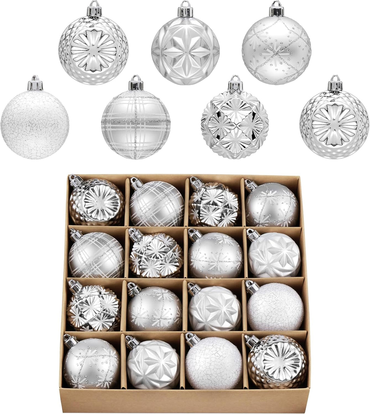Valery Madelyn Ornaments for Christmas Trees, 16ct 2.36 Inches White and Silver Shatterproof