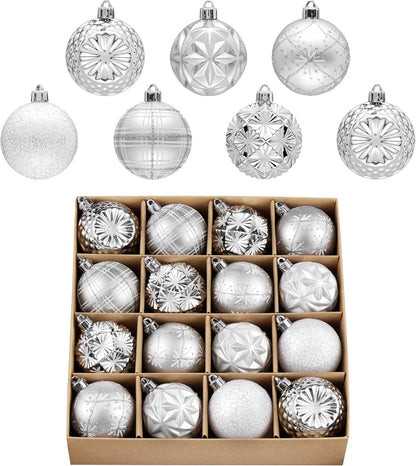 Valery Madelyn Ornaments for Christmas Trees, 16ct 2.36 Inches White and Silver Shatterproof