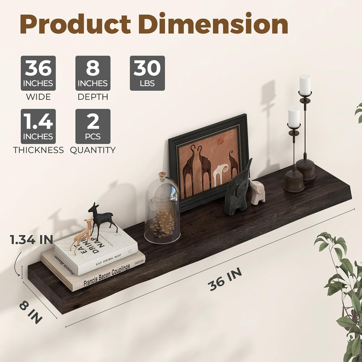 Axeman 36 inch Floating Shelves for Wall - 8'' D Live Edge Rustic Solid Elm Wood Floating Shelves