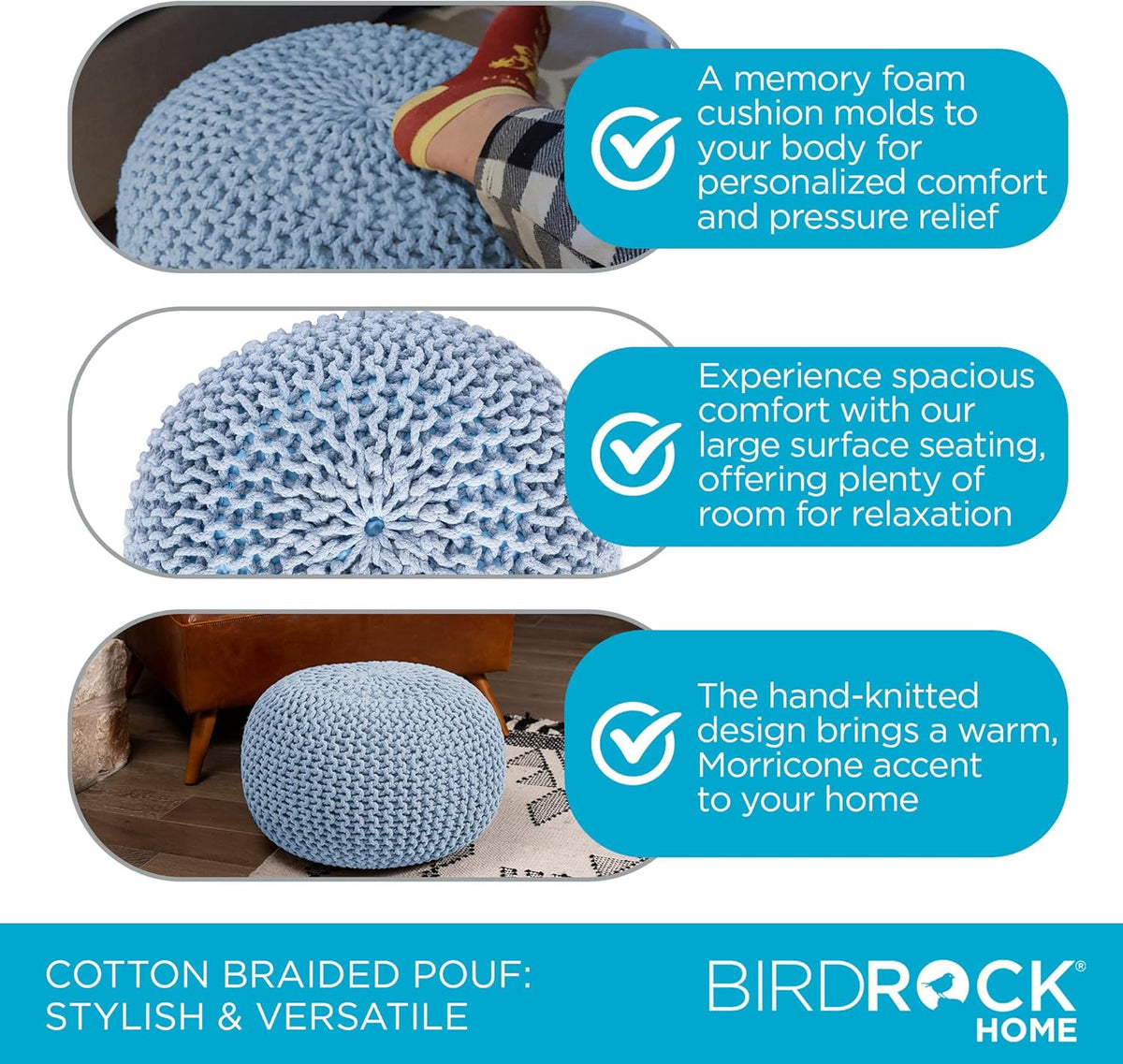 BIRDROCK HOME Round Pouf Ottoman | Cotton Braided Foot Stool with Bean Bag Filling | Boho Foot Rest
