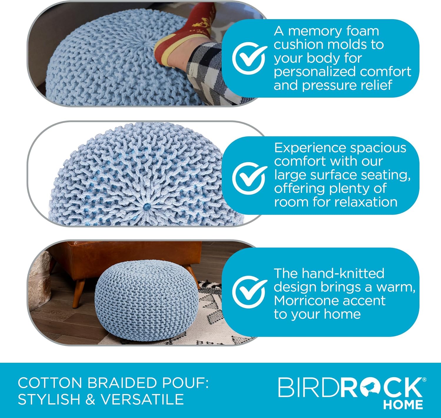 BIRDROCK HOME Round Pouf Ottoman | Cotton Braided Foot Stool with Bean Bag Filling | Boho Foot Rest