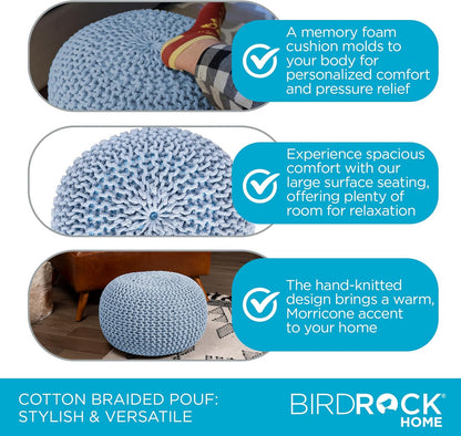 BIRDROCK HOME Round Pouf Ottoman | Cotton Braided Foot Stool with Bean Bag Filling | Boho Foot Rest
