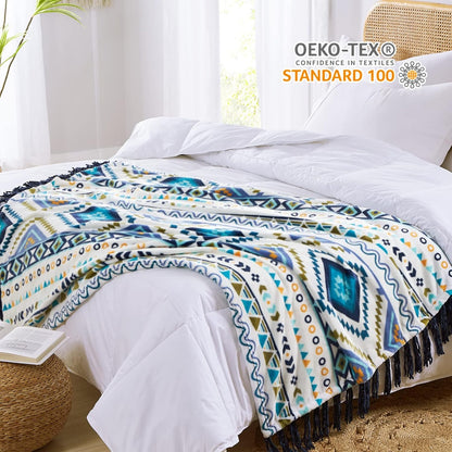 CASAAGUSTO Boho Throw Blanket - Blue and White Decorative Blankets with Tassel, Printed Flannel