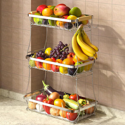 3 Tier Fruit Basket for Kitchen Counter with 2 Mobile Banana Hangers, 2025 Pro Detachable Metal