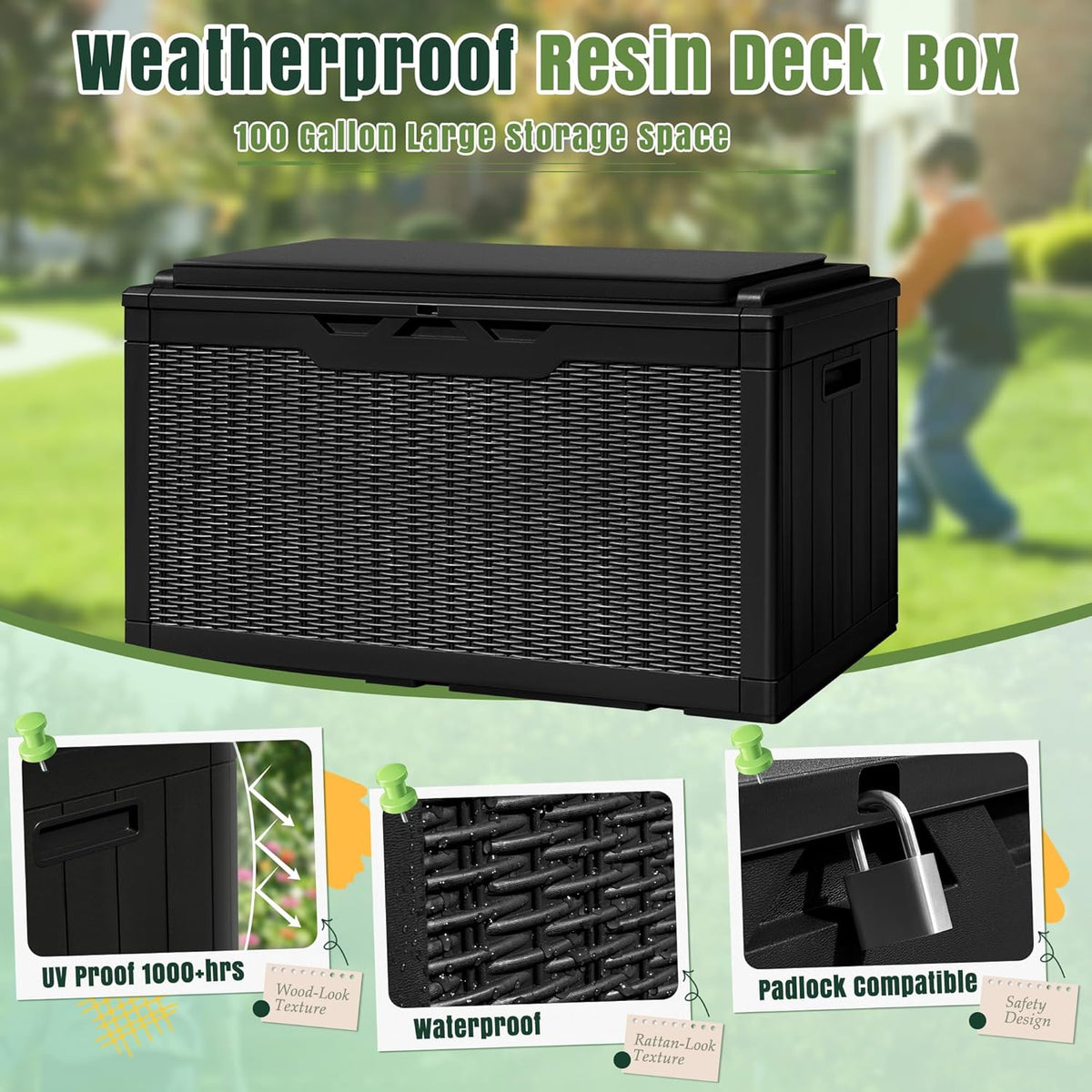 Greesum 100 Gallon Resin Deck Box Large Outdoor Storage with Cushions for Patio Furniture, Garden