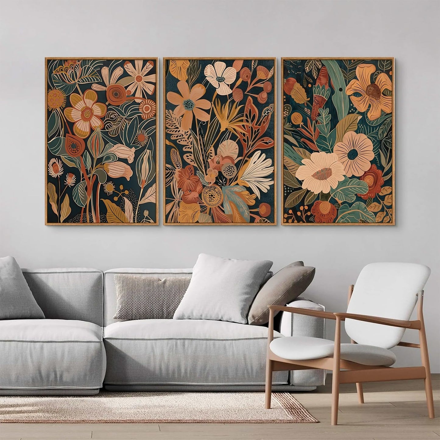 Tinonedraw Vintage Burnt Orange Floral Framed Canvas Wall Art Set of 3, Boho Chic Flower Artwork