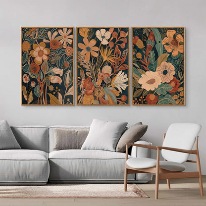 Tinonedraw Vintage Burnt Orange Floral Framed Canvas Wall Art Set of 3, Boho Chic Flower Artwork
