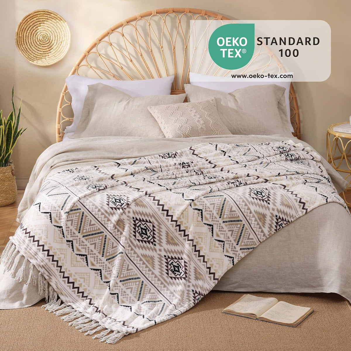 CASAAGUSTO Boho Throw Blanket - Beige and Gray Decorative Blankets with Tassel, Printed Flannel