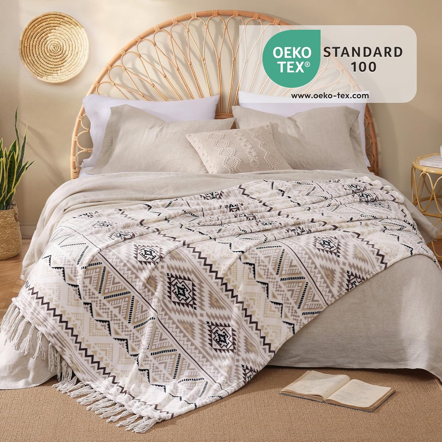 CASAAGUSTO Boho Throw Blanket - Beige and Gray Decorative Blankets with Tassel, Printed Flannel