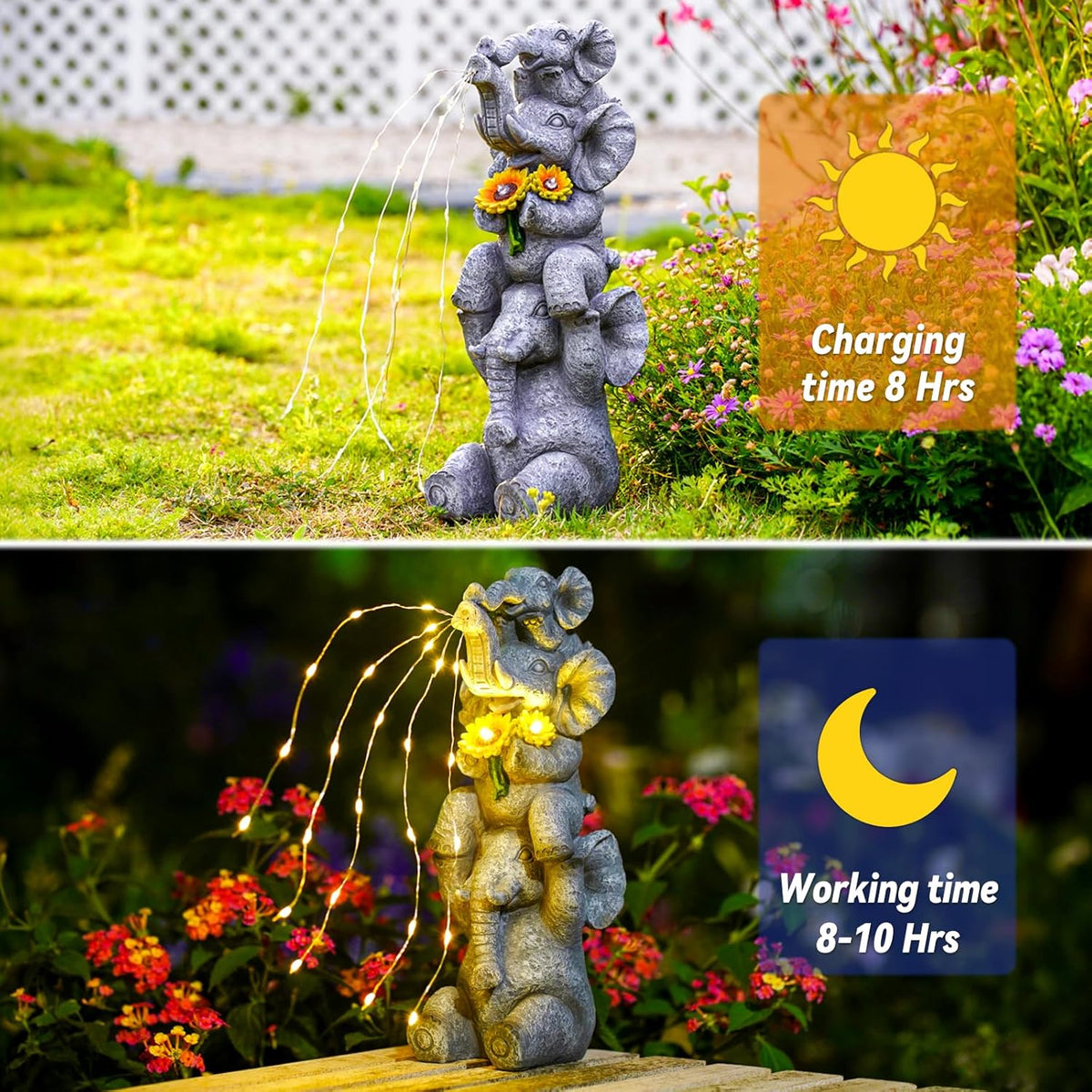 Solar Garden Decor Elephant Statue Outdoor, Luck Triple Elephant Decorations for Yard Porch Lawn