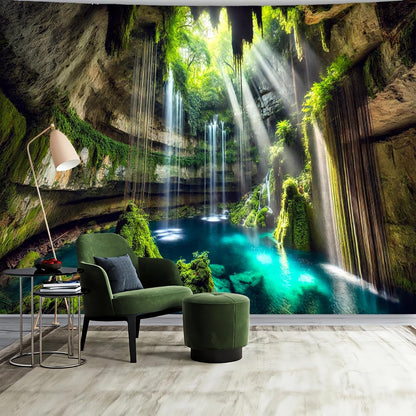 BSFHH Nature Tapestry Forest Tree Sea Cave Wall Hanging, Stream Through Rainforest Landscape Wall