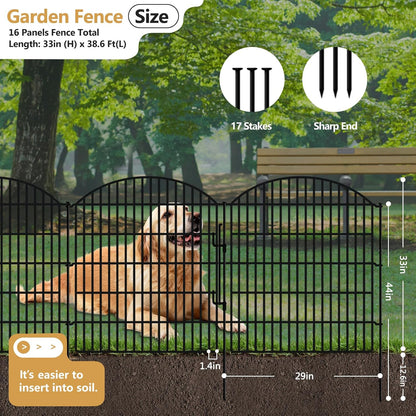 16 Panels Decorative Garden Fence with Lock, 33in (H) x 38.67ft (L) No Dig Dog Animal Barrier for
