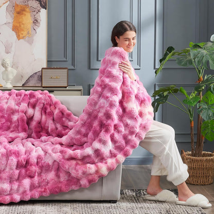 Cozy Bliss Faux Fur Throw Blanket for Couch, Fuzzy Soft Plush Thick Bubble Blanket for Sofa Bedroom
