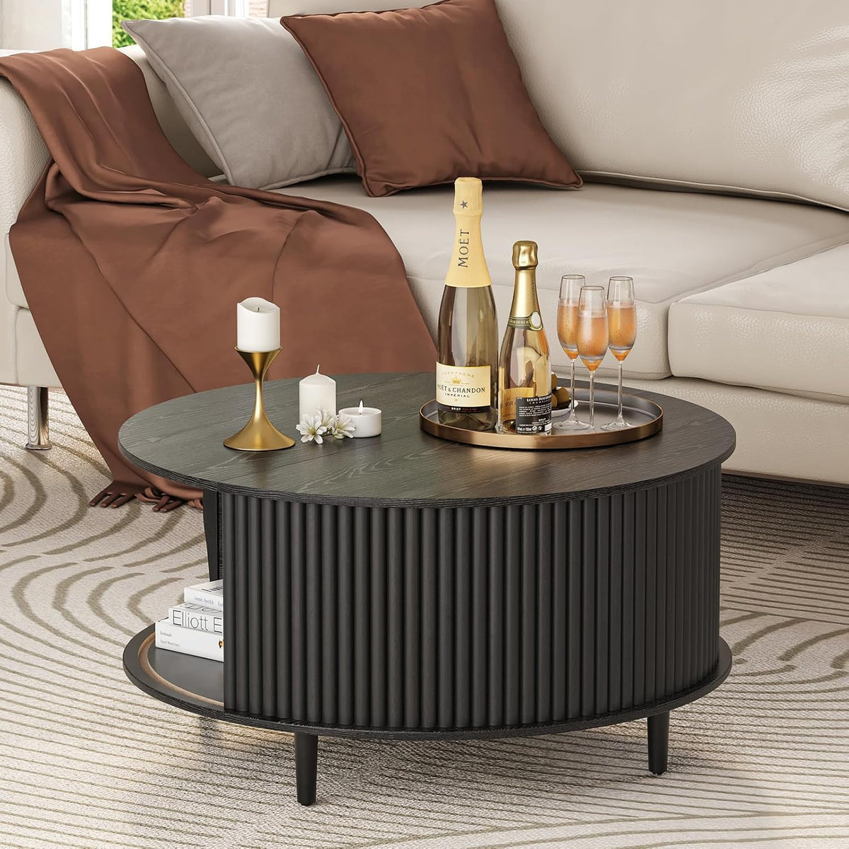 Round Coffee Table with Storage,Mid Century Modern Dining Table with Sliding Cabinet Door for