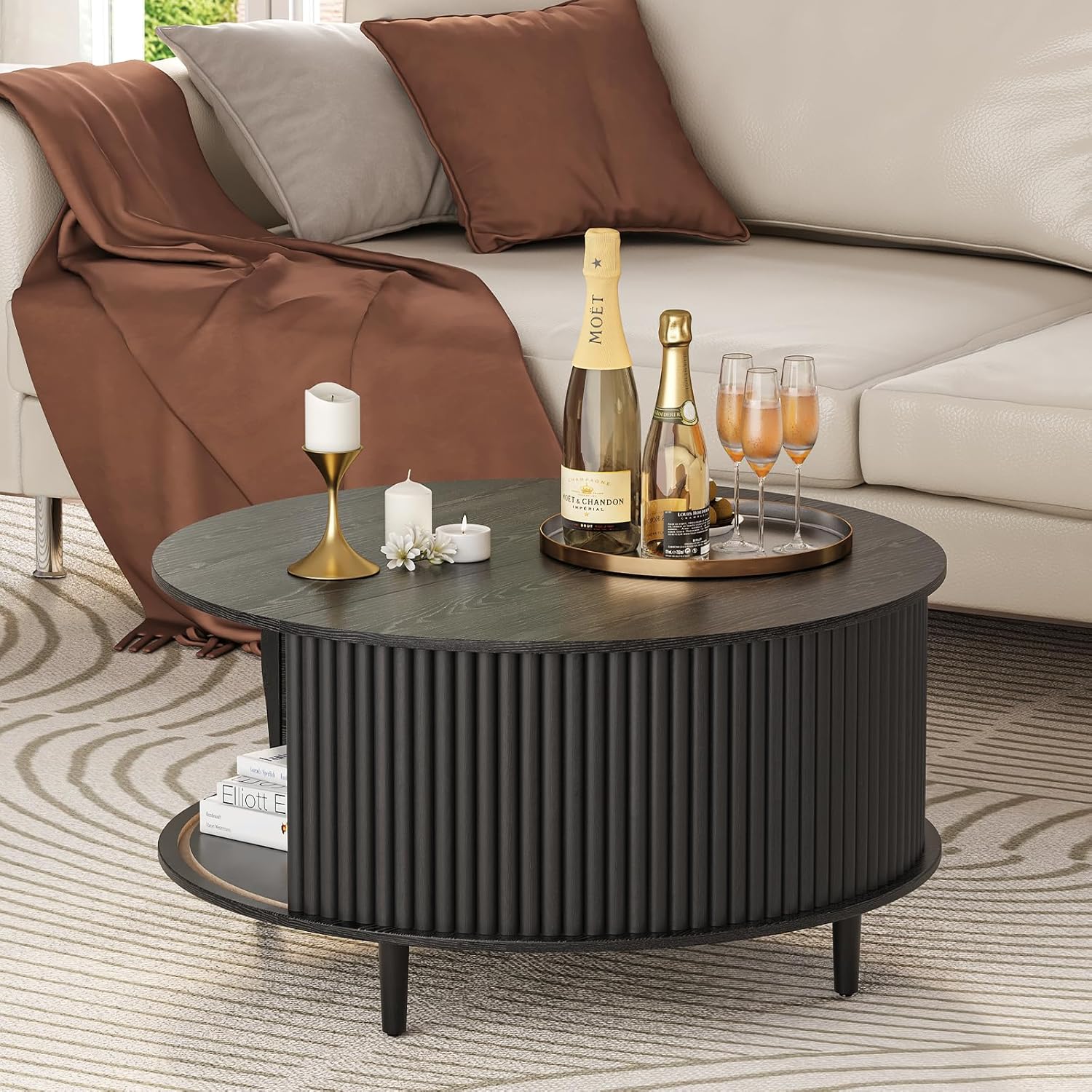 Round Coffee Table with Storage,Mid Century Modern Dining Table with Sliding Cabinet Door for