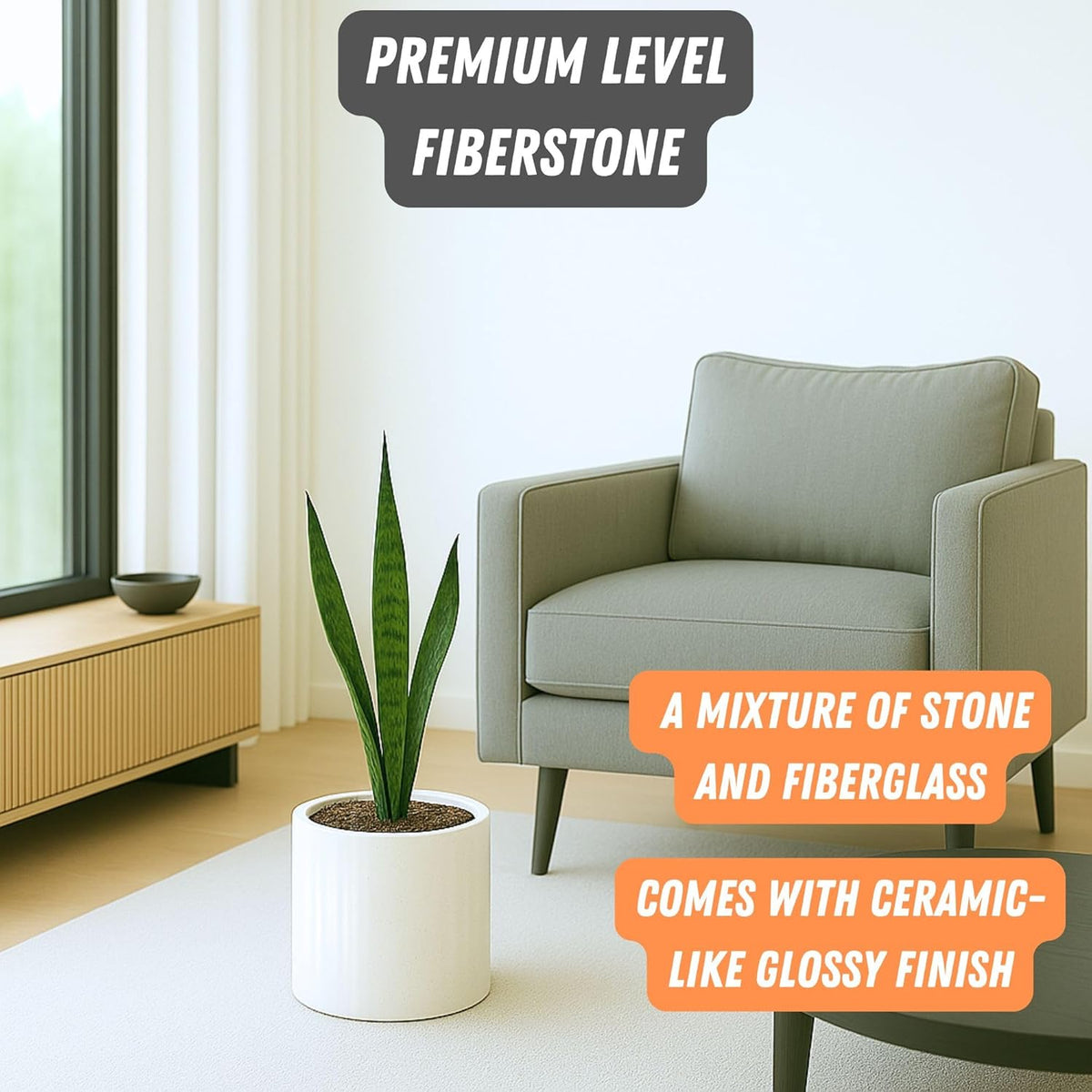 Fox & Fern 8 Inch Plant Pot with Drainage Plug — Premium Lightweight Fiberstone Glossy White