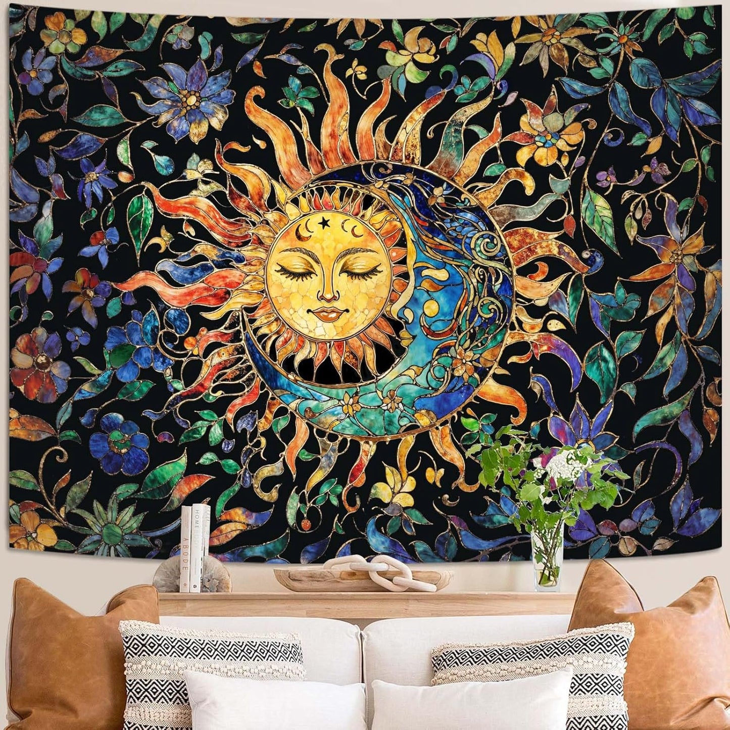 Aipon Sun and Moon Tapestry for Bedroom Boho Hippie Floral Wall Tapestry Aesthetic Vintage Stained
