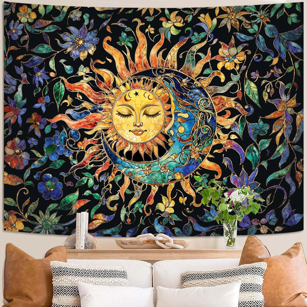 Aipon Sun and Moon Tapestry for Bedroom Boho Hippie Floral Wall Tapestry Aesthetic Vintage Stained