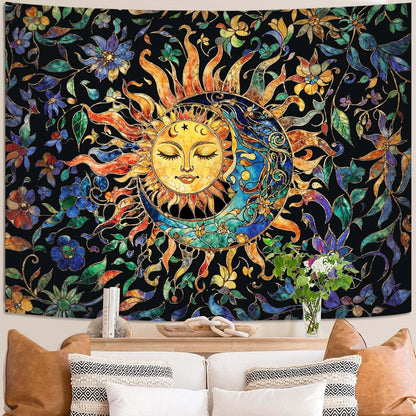 Aipon Sun and Moon Tapestry for Bedroom Boho Hippie Floral Wall Tapestry Aesthetic Vintage Stained
