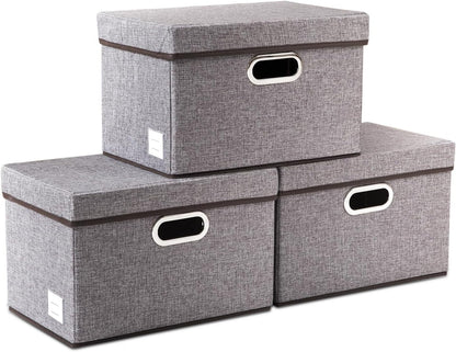 PRANDOM Foldable Storage Boxes with Lids [3-Pack] Linen Fabric Collapsible Storage Bins Organizer