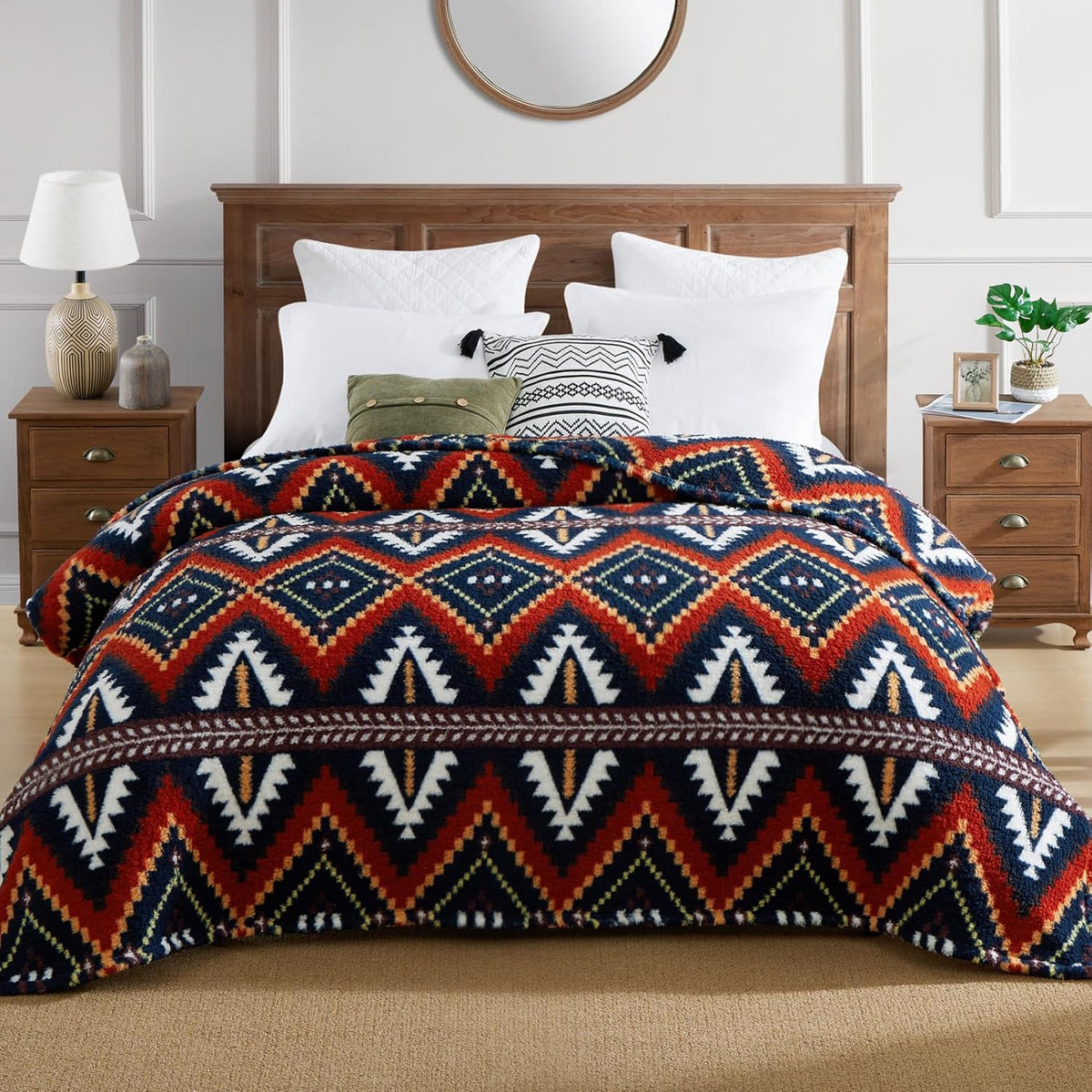 CASAAGUSTO Boho Sherpa Throw Blanket, Aztec Queen Blanket, Ultra Soft, Warm, Cozy, Plush, Thick
