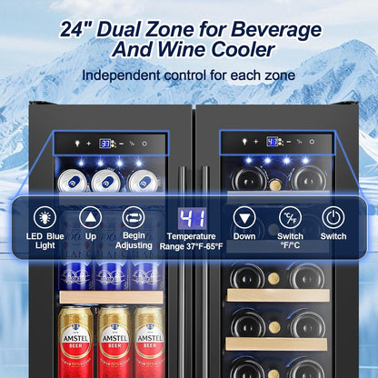 Wine and Beverage Refrigerator with Glass Door, 24-Inch Dual Zone Wine Fridge Under-Counter,4.6
