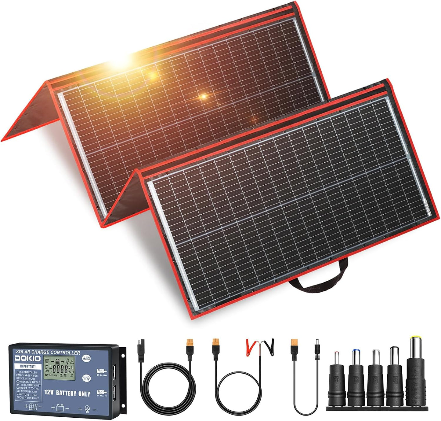 DOKIO 300W Portable Foldable Solar Panel Kit (21x40in, 17lb), with Separate Controller and Dual