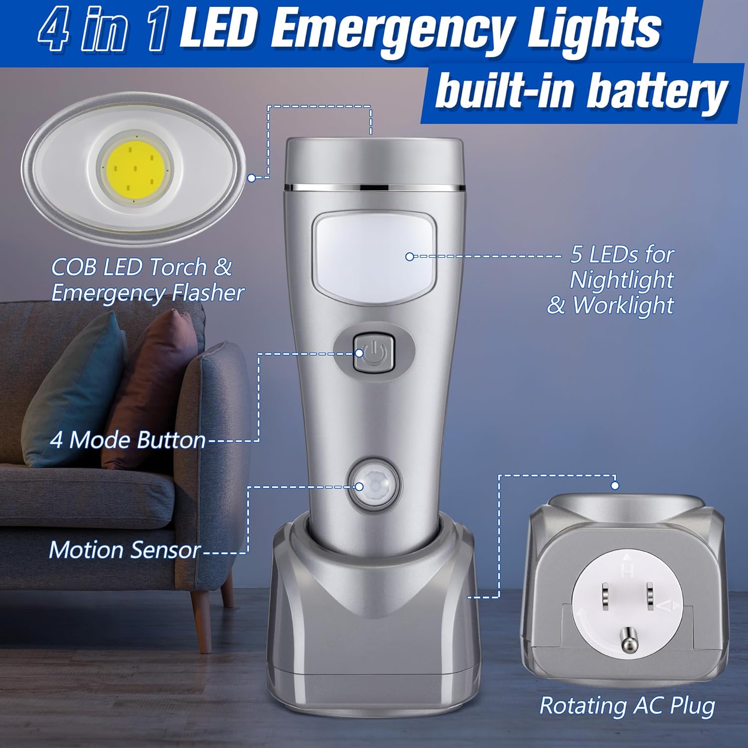 Enhon 4 Pack 4 in 1 LED Emergency Lights for Home Power Failure, Rechargeable Plug in Flashlight