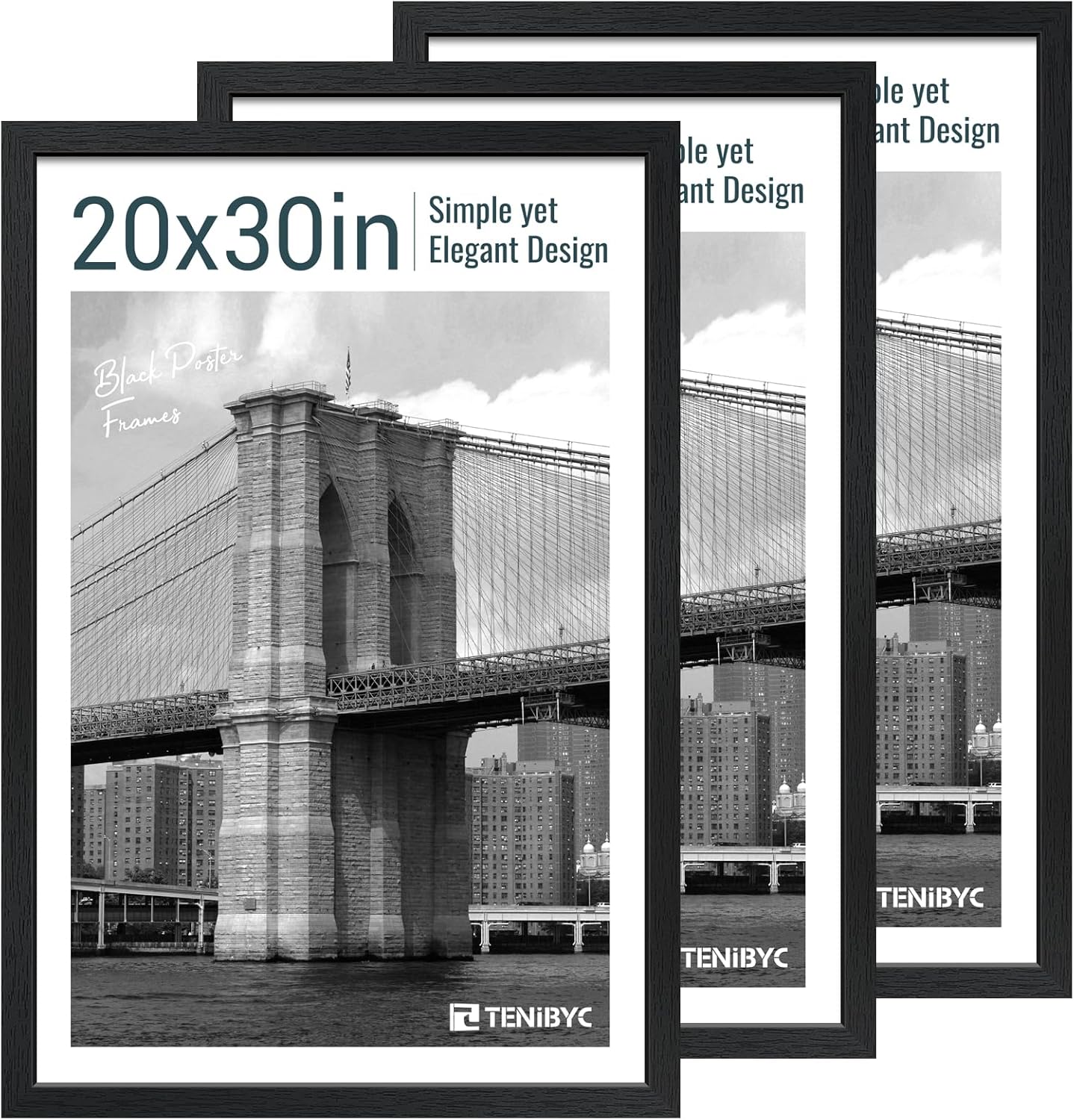 20x30 Poster Frame Set - 3 Pack, Textured Black Solid Wood Picture Frame, Wall Gallery Frame - Wall