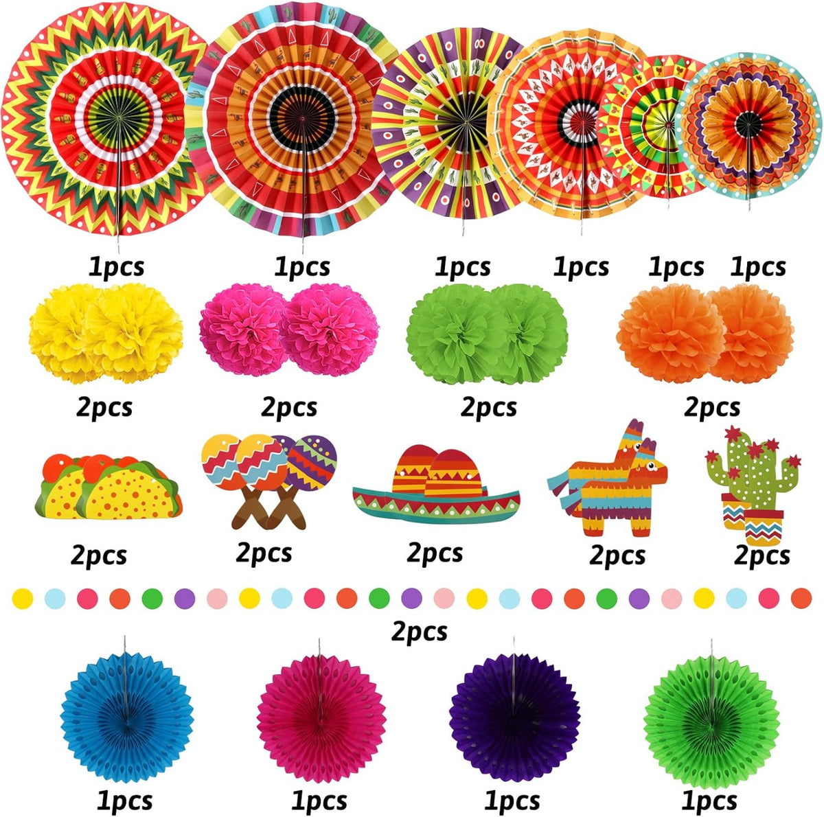 ZERODECO Fiesta Mexican Party Decorations, 21 Pcs Multi-color Paper Fans, Pom Poms Flowers for