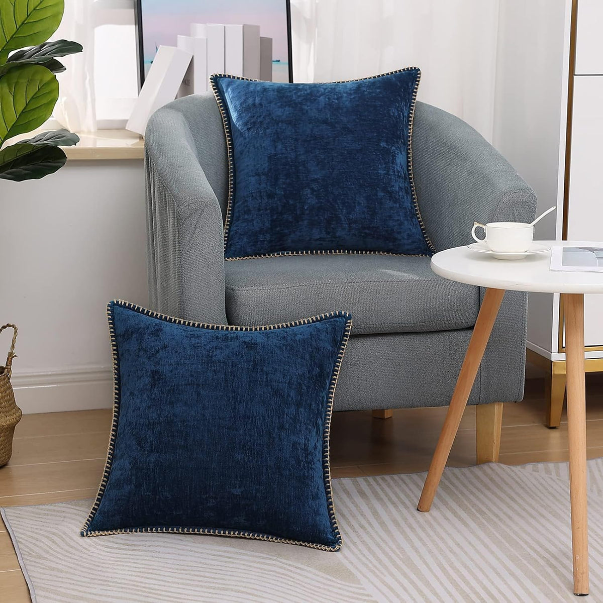 decorUhome Chenille Soft Throw Pillow Covers 18x18 Set of 2, Farmhouse Velvet Neutral Decorative