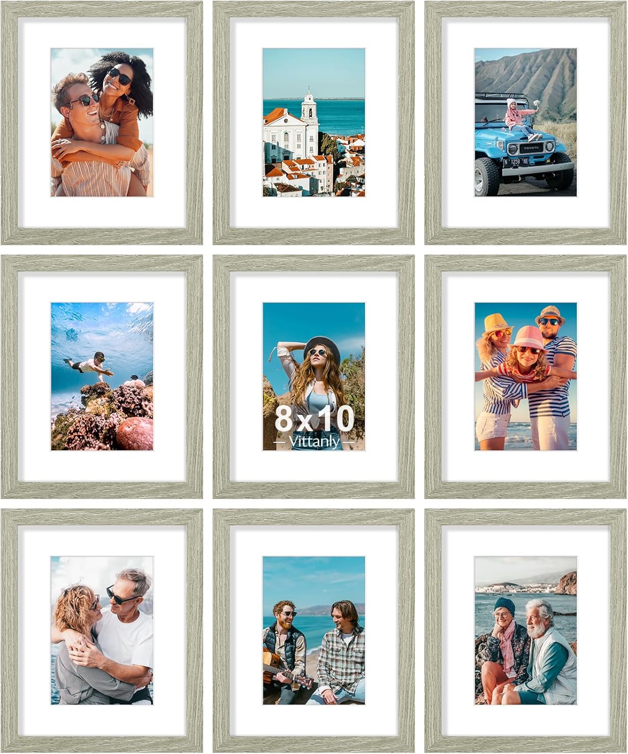 Vittanly 8x10 Picture Frames Set of 9, Shatter Resistant Plexiglass, Display 5x7 Pictures with Mat
